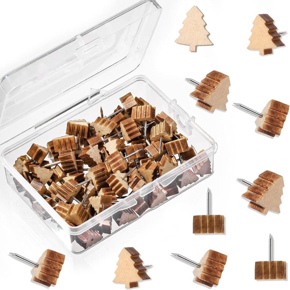 80 Pcs Wood Push Pins, Christmas Trees Cute Thumb Tacks Decorative Push Pins for